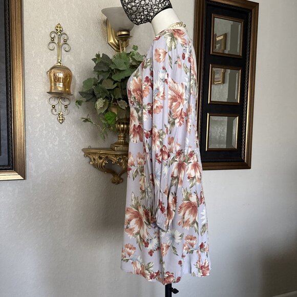 Women's Floral Dress Flowy Long Bell Sleeve Tie Front Deep Zipper V Back Size S - Picture 5 of 15